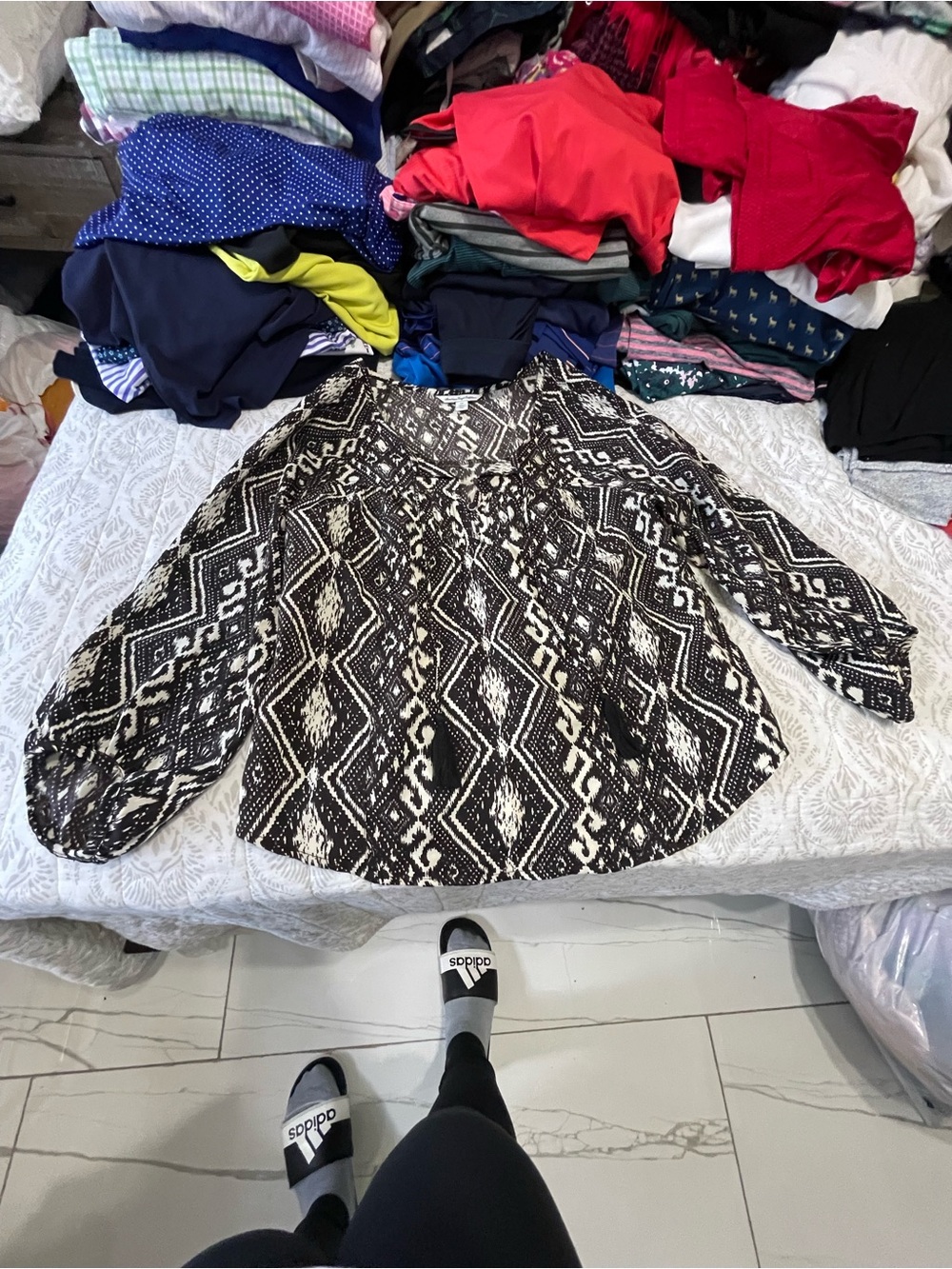 American Eagle Outfitters Black and White Printed Peasant Blouse
